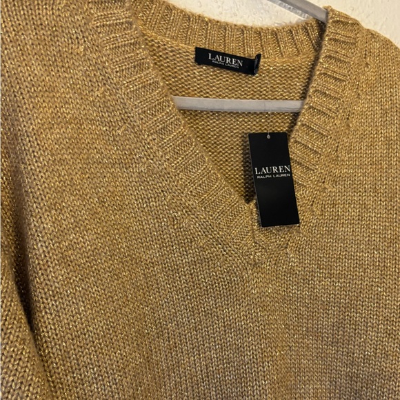 Ralph Lauren Women’s Gold Metallic V Neck Preppy Sweater NWT Size XL - Picture 4 of 6